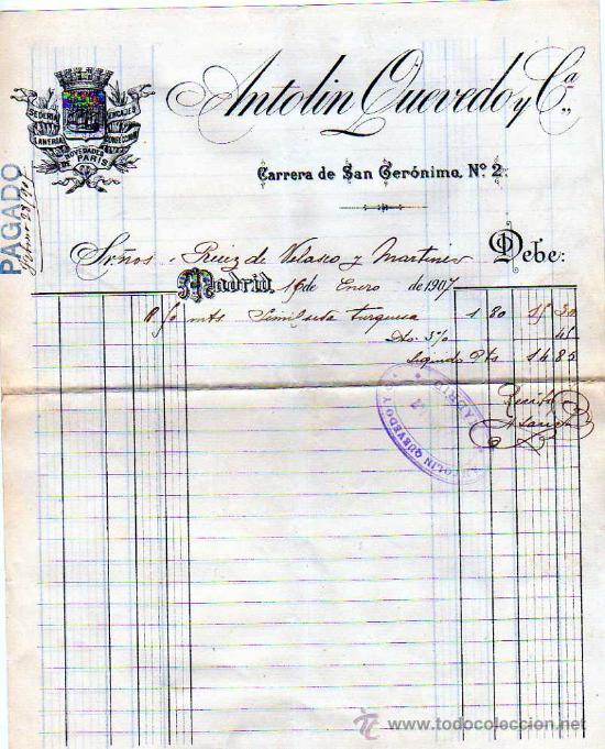 Facturas antiguas: Factura. Madrid. Antonio Quevedo y cia. Carrera de San Geronimo n&ordm; 2. Sederia, encajes de paris.