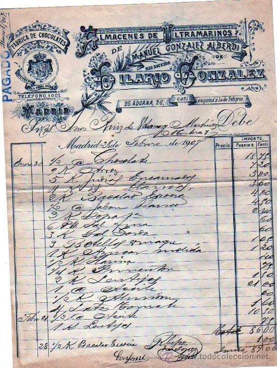 Facturas antiguas: Factura. Madrid. Almacen de ultramarinos de Manuel Gonzalez Alberdi sucesor de Hilario Gonzalez.