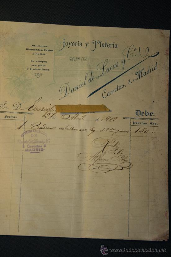 Facturas antiguas: Factura Joyer&iacute;a y Plater&iacute;a Daniel de Lucas. Madrid,calle carretas,3. A&ntilde;o 1909
