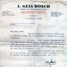 Facturas antiguas: FACTURA. J. GEIS BOSCH. FÁBRICA DE GÉNEROS DE PUNTO. TARRASA. 1934. FIRMA DEL PROPIETARIO. 