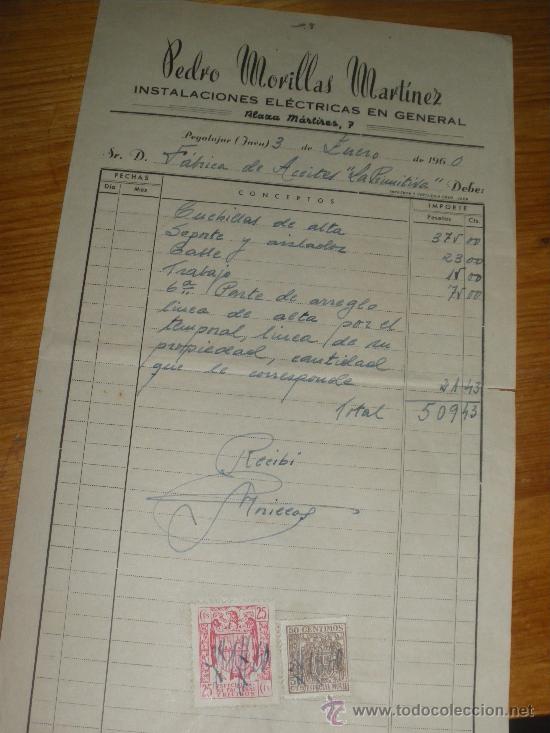 Facturas antiguas: INSTALACIONES ELECTRICAS PEDRO MORILLAS MARTINEZ, FACTURA JAEN 1960.