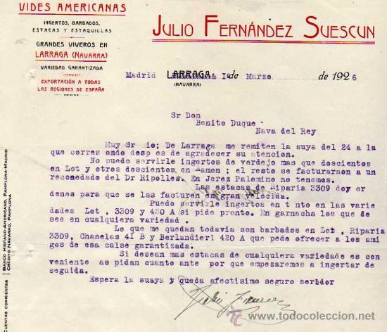 Factures anciennes: Factura. Vides americanas. Ingenieros. Viveros en Larraga. Navarra. Julio Fernandez Suescun. 1926