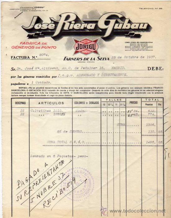 Factures anciennes: Factura. Jose Riera Gubau. Farners de la Selva. 1937. Contro UGT Guerra civil.  Generos de punto.
