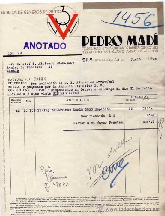 Factures anciennes: Factura. Pedro Madi. Fabrica de generos de punto. Sils. Gerona. 1936.