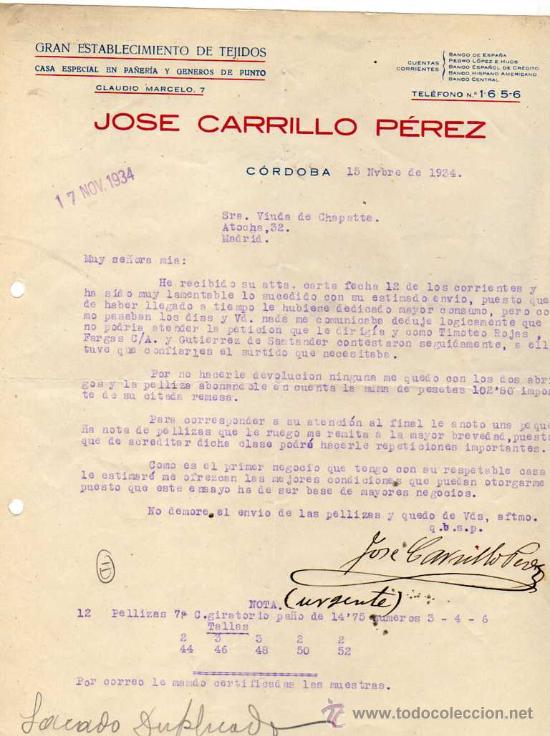 Old Invoices: Factura. Jose Carrillo P&eacute;rez. C&oacute;rdoba. Gran establecimiento de Tejidos. Pa&ntilde;eria, etc. 1934.