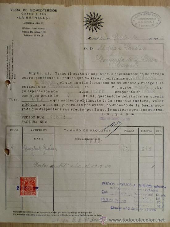 Facturas antiguas: FACTURA. MADRID. SEPTIEMBRE 1956. VDA. DE GOMEZ-TEJEDOR. CAFES Y RES LA ESTRELLA.
