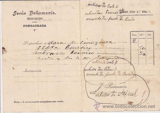 Facturas antiguas: Fonsagrada (Lugo): receta de m&eacute;dico del siglo XIX