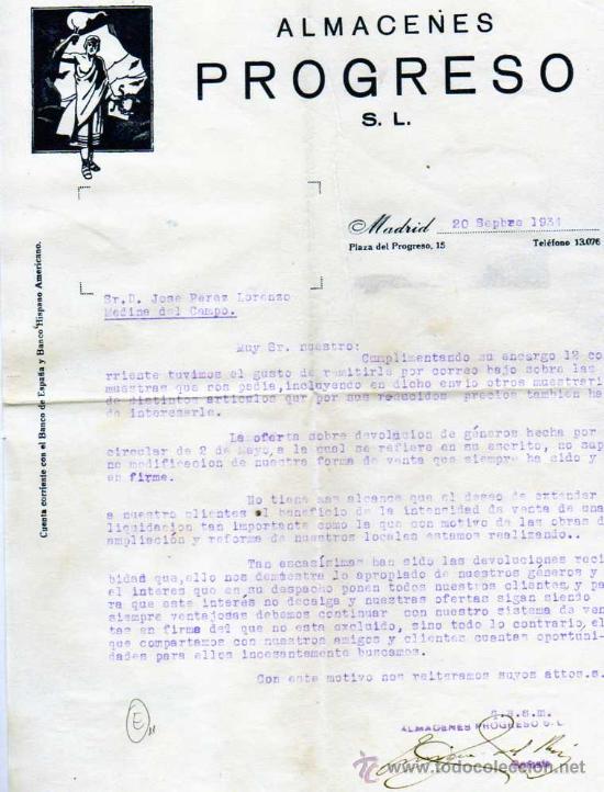 Facturas antiguas: Factura. Almacenes el Progreso. S.L. Madrid. Plaza del Progreso. 1934. firma - Foto 1