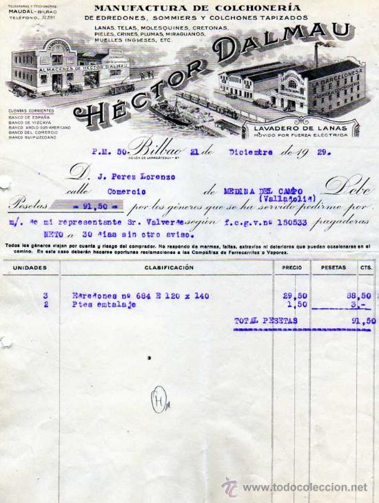 Facturas antiguas: Factura. Hector Dalmau. Manufactura de colchoneria, edredones, sommiers, Bilbao. Vizcaya. 1929
