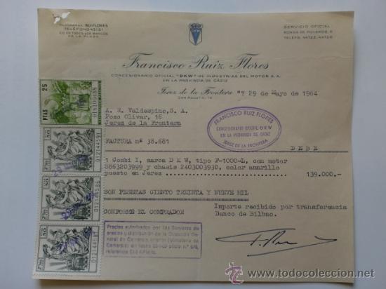 Facturas antiguas: FACTURA. ESPA&Ntilde;A. CADIZ. JEREZ. MAYO 1964. FRANCISCO RUIZ FLORES. CONCESIONARIO OFICIAL DKW.