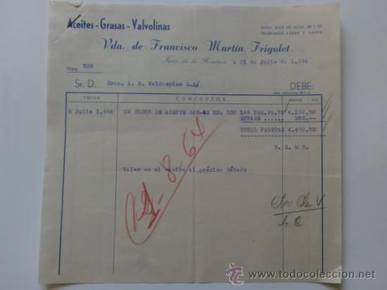 Facturas antiguas: FACTURA. ESPA&Ntilde;A. CADIZ. JEREZ. JULIO 1964.VDA. DE FRANCISCO MARTIN FRIGOLET. ACEITES, GRASAS.