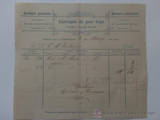 Facturas antiguas: FACTURA. ESPA&Ntilde;A. CADIZ. JEREZ. MARZO 1918. ROMERO Y HERMANO. CARRUAJES DE GRAN LUJO PARA ALQUILER.