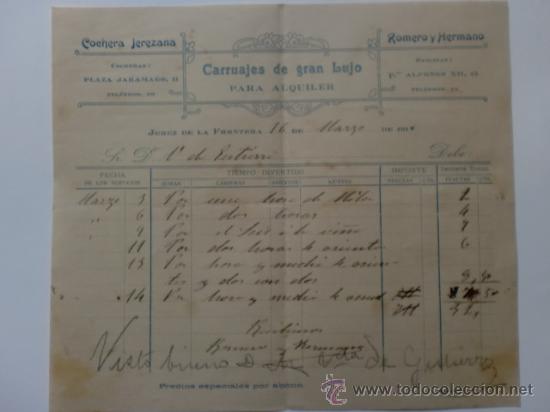 Facturas antiguas: FACTURA. ESPA&Ntilde;A. CADIZ. JEREZ. MARZO 1918. ROMERO Y HERMANO. CARRUAJES DE GRAN LUJO PARA ALQUILER.