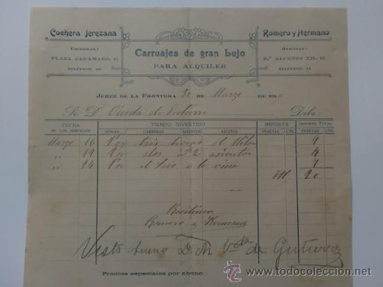 Fatture antiche: FACTURA. ESPA&Ntilde;A. CADIZ. JEREZ. MARZO 1918. ROMERO Y HERMANO. CARRUAJES DE GRAN LUJO PARA ALQUILER.