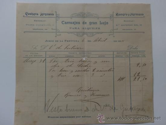 Facturas antiguas: FACTURA. ESPA&Ntilde;A. CADIZ. JEREZ. ABRIL 1918. ROMERO Y HERMANO. CARRUAJES DE GRAN LUJO PARA ALQUILER.