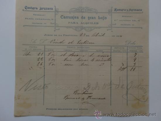 Facturas antiguas: FACTURA. ESPA&Ntilde;A. CADIZ. JEREZ. ABRIL 1918. ROMERO Y HERMANO. CARRUAJES DE GRAN LUJO PARA ALQUILER.