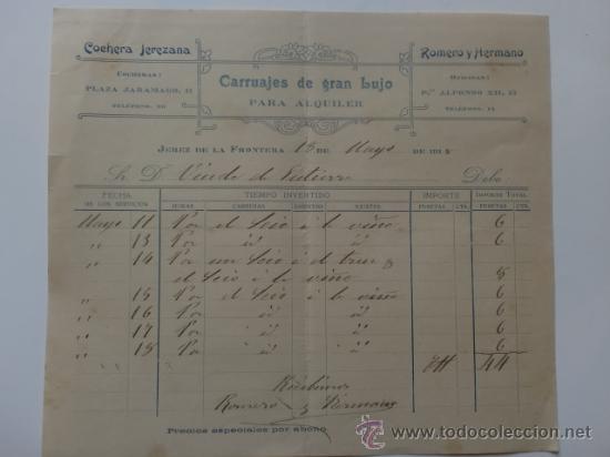Facturas antiguas: FACTURA. ESPA&Ntilde;A. CADIZ. JEREZ. MAYO 1918. ROMERO Y HERMANO. CARRUAJES DE GRAN LUJO PARA ALQUILER.