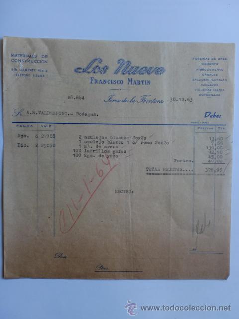 Facturas antiguas: FACTURA. ESPA&Ntilde;A. CADIZ. JEREZ. DICIEMBRE 1963. FRANCISCO MARTIN. LOS NUEVE. MATERIALES CONSTRUCCION.