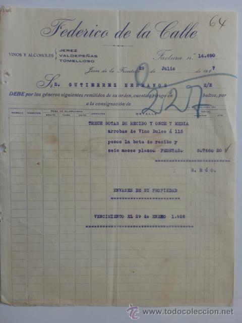 Facturas antiguas: FACTURA. ESPA&Ntilde;A. JEREZ. JULIO 1927. FEDERICO DE LA CALLE. VINOS Y ALCOHOLES.
