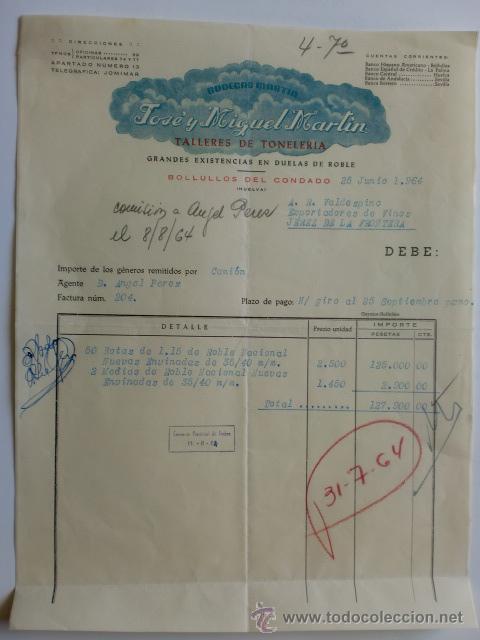 Facturas antiguas: FACTURA. ESPA&Ntilde;A. HUELVA. BOLLULLOS DEL CONDADO. JUNIO 1964. JOSE Y MIGUEL MARTIN. TONELERIA.