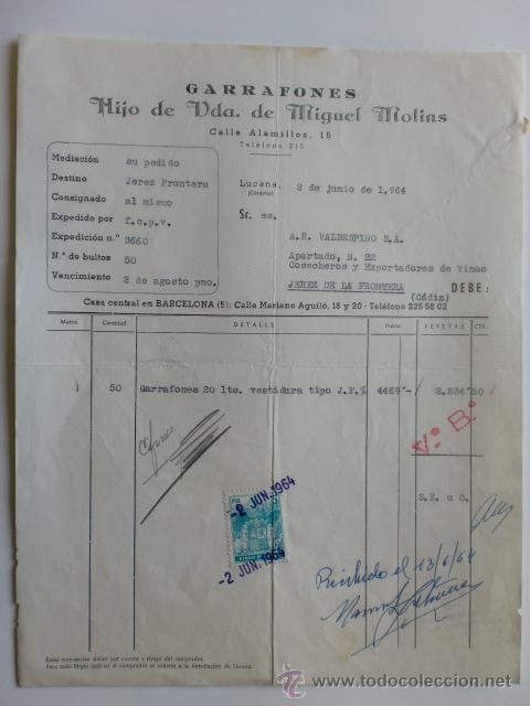 Facturas antiguas: FACTURA. ESPA&Ntilde;A. CORDOBA. LUCENA. JUNIO 1964. HIJO Y VDA. DE MIGUEL MOLINS. GARRAFONES.