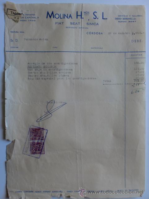 Facturas antiguas: FACTURA. ESPA&Ntilde;A. CORDOBA. OCTUBRE 1958. MOLINA HNOS. S. L. SEVICIO OFICIAL, FIAT, SEAT SIMCA.