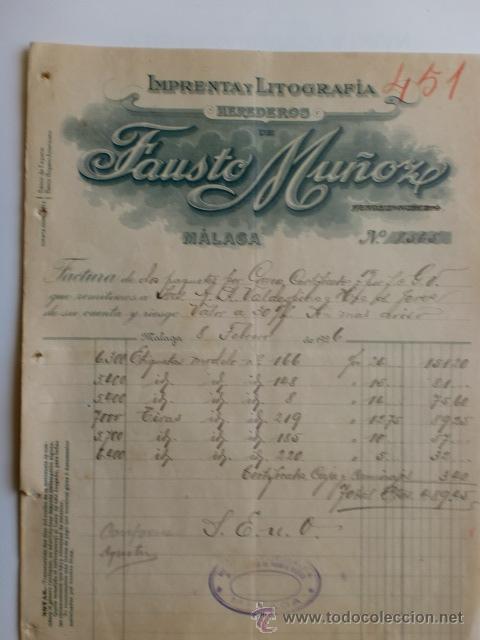 Facturas antiguas: FACTURA. ESPA&Ntilde;A. MALAGA. FEBRERO 1926. HEREDEROS DE FAUSTO MU&Ntilde;OZ. IMPRENTA Y LITOGRAFIA.