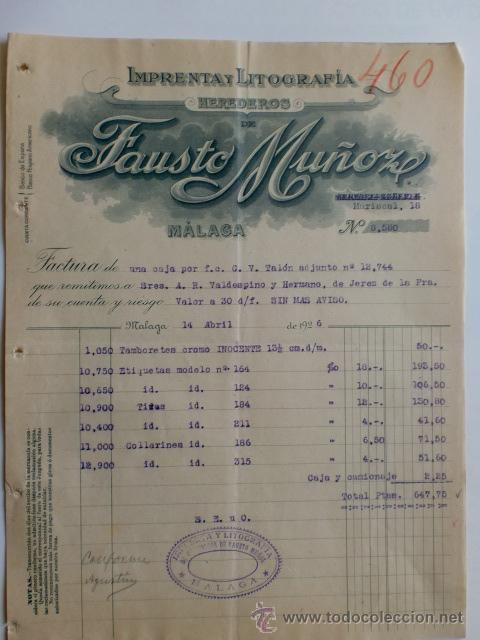 Facturas antiguas: FACTURA. ESPA&Ntilde;A. MALAGA. ABRIL 1926. HEREDEROS DE FAUSTO MU&Ntilde;OZ. IMPRENTA Y LITOGRAFIA.