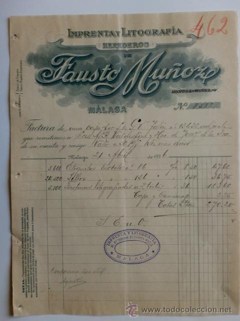 Facturas antiguas: FACTURA. ESPA&Ntilde;A. MALAGA. ABRIL 1926. HEREDEROS DE FAUSTO MU&Ntilde;OZ. IMPRENTA Y LITOGRAFIA.