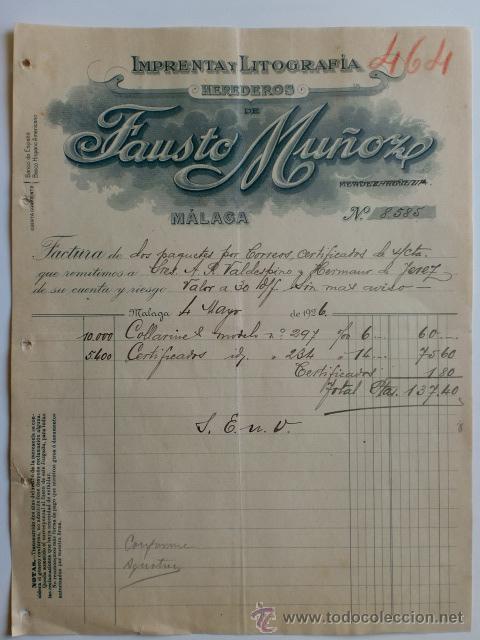 Facturas antiguas: FACTURA. ESPA&Ntilde;A. MALAGA. MAYO 1926. HEREDEROS DE FAUSTO MU&Ntilde;OZ. IMPRENTA Y LITOGRAFIA.