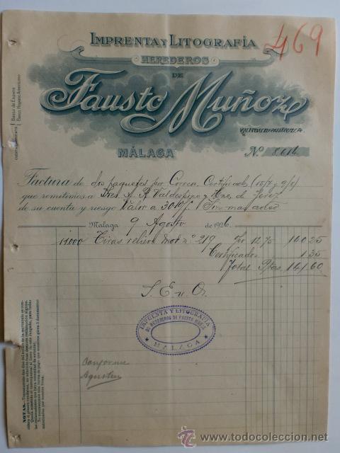 Facturas antiguas: FACTURA. ESPA&Ntilde;A. MALAGA. AGOSTO 1926. HEREDEROS DE FAUSTO MU&Ntilde;OZ. IMPRENTA Y LITOGRAFIA.