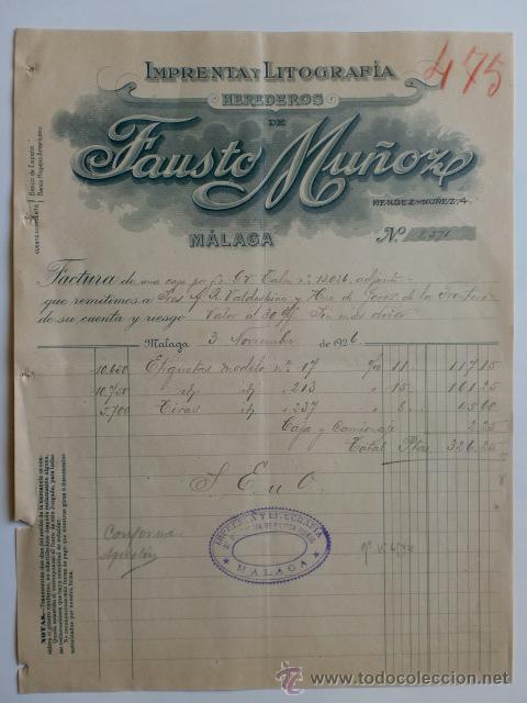 Facturas antiguas: FACTURA. ESPA&Ntilde;A. MALAGA. NOVIEMBRE 1926. HEREDEROS DE FAUSTO MU&Ntilde;OZ. IMPRENTA Y LITOGRAFIA.