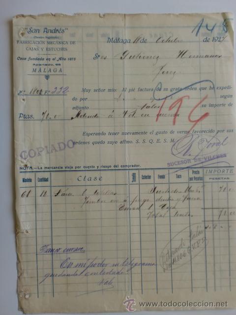 Facturas antiguas: FACTURA. ESPA&Ntilde;A. MALAGA. OCTUBRE 1927. SAN ANDRES. FABRICACION DE CAJAS Y ESTUCHES.