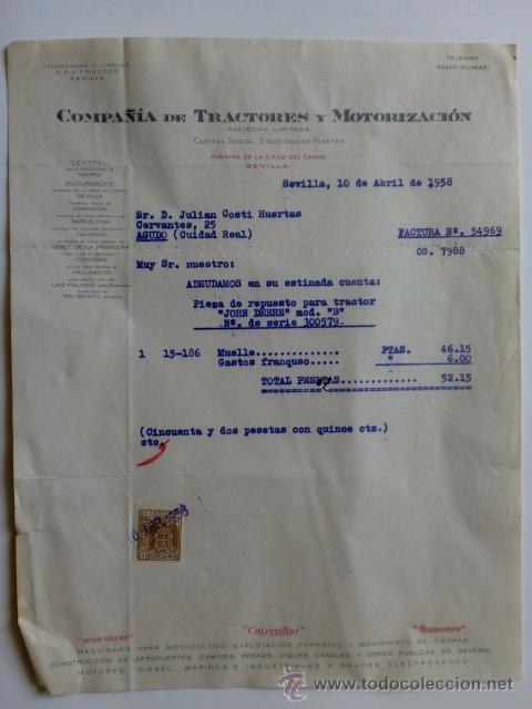 Facturas antiguas: FACTURA. ESPA&Ntilde;A. SEVILLA. ABRIL 1958. COMPA&Ntilde;IA DE TRACTORES Y MOTORIZACION.