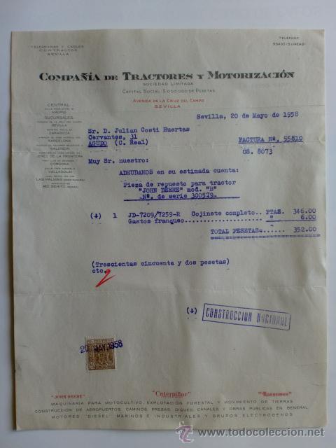 Facturas antiguas: FACTURA. ESPA&Ntilde;A. SEVILLA. MAYO 1958. COMPA&Ntilde;IA DE TRACTORES Y MOTORIZACION.