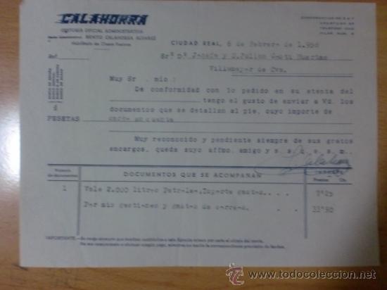 Fatture antiche: FACTURA. ESPA&Ntilde;A. CIUDAD REAL. FEBRERO 1958. BENITO CALAHORRA ALVAREZ. GESTORIA OFICIAL ADTRATIVA.
