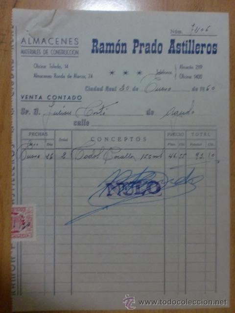 Fatture antiche: FACTURA. ESPA&Ntilde;A. CIUDAD REAL. ENERO 1960. RAMON PRADO ASTILLEROS. MATERIALES DE CONSTRUCCION.