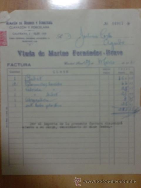 Fatture antiche: FACTURA. ESPA&Ntilde;A. CIUDAD REAL. MARZO 1960. VDA. DE MARINO FDEZ. BRAVO. HIERROS Y FERRETERIA.