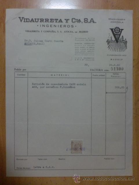 Fatture antiche: FACTURA. ESPA&Ntilde;A. MADRID. AGOSTO 1960. VIDAURRETA Y CIA. S.A. MAQUINARIA AGRICOLA.