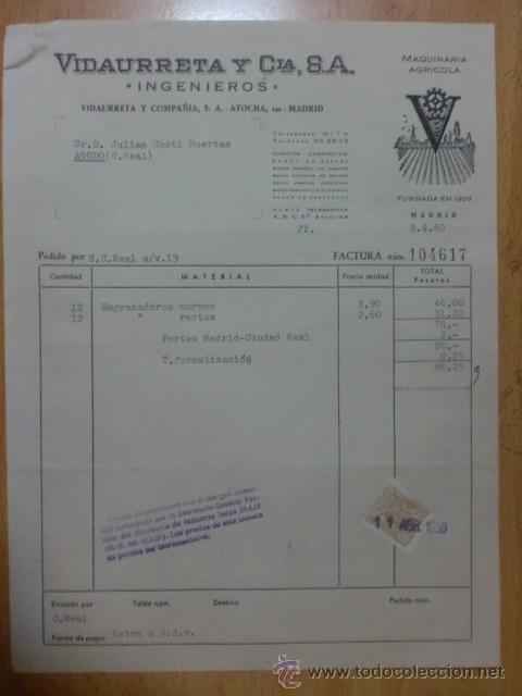 Fatture antiche: FACTURA. ESPA&Ntilde;A. MADRID. ABRIL 1960. VIDAURRETA Y CIA. S.A. MAQUINARIA AGRICOLA.