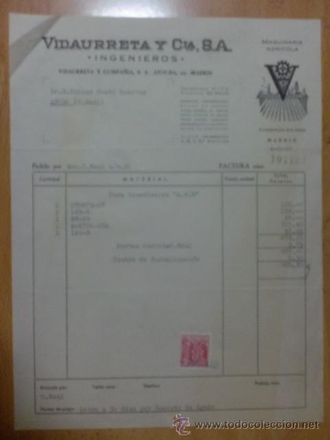 Fatture antiche: FACTURA. ESPA&Ntilde;A. MADRID. AGOSTO 1960. VIDAURRETA Y CIA. S.A. MAQUINARIA AGRICOLA.