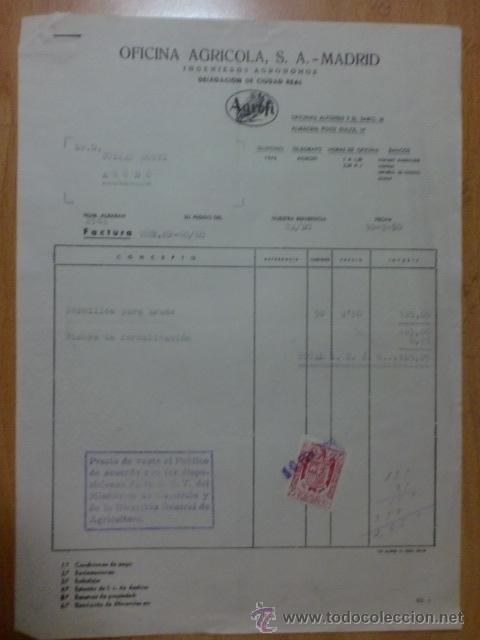 Fatture antiche: FACTURA. ESPA&Ntilde;A. CIUDAD REAL. FEBRERO 1960. OFICINA AGRICOLA, S. A. INGENIEROS AGRONOMOS.