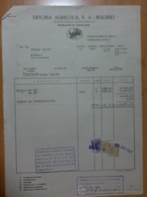 Fatture antiche: FACTURA. ESPA&Ntilde;A. CIUDAD REAL. DICIEMBRE 1959. OFICINA AGRICOLA, S. A. INGENIEROS AGRONOMOS.