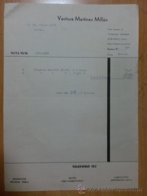 Fatture antiche: FACTURA. ESPA&Ntilde;A. C. REAL. ALMADEN. JULIO 1960. VENTURA MARTINEZ MILLAN. NEUMATICOS, MOTOS, LUBRICAN.