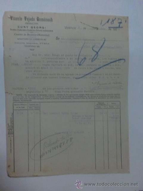 Facturas antiguas: FACTURA. ESPA&Ntilde;A. VALENCIA. DICIEMBRE 1927. VICENTE TEJEDO DOMENECH. PRODUCTOS CURT GEORGI.