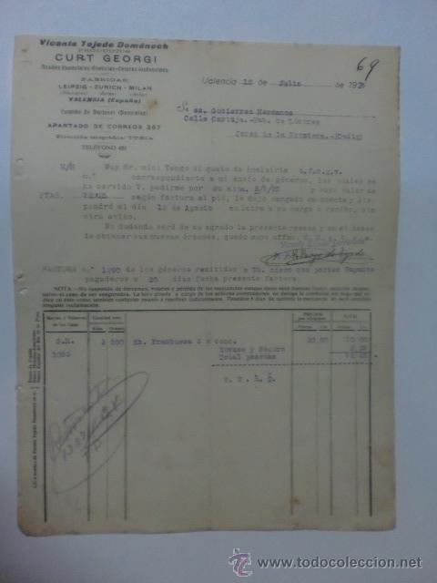 Facturas antiguas: FACTURA. ESPA&Ntilde;A. VALENCIA. JULIO 1927. VICENTE TEJEDO DOMENECH. PRODUCTOS CURT GEORGI.