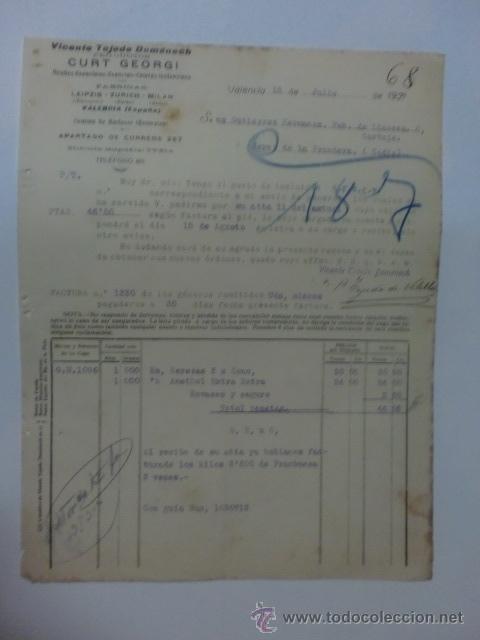 Facturas antiguas: FACTURA. ESPA&Ntilde;A. VALENCIA. JULIO 1927. VICENTE TEJEDO DOMENECH. PRODUCTOS CURT GEORGI.