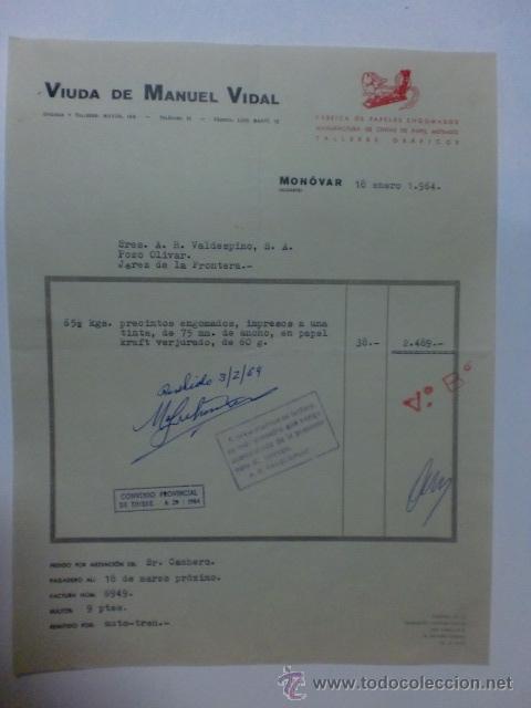 Facturas antiguas: FACTURA. ESPA&Ntilde;A. VALENCIA. ENERO 1964. VIUDA DE MANUEL VIDAL. FABRICA DE PAPELES ENGOMADOS.
