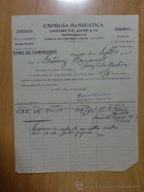 Facturas antiguas: FACTURA. COLOMBIA. BARRANQUILLA. SEPTIEMBRE 1913. EMPRESA HANSEATICA. LINDEMEYER, WIESE & CO.
