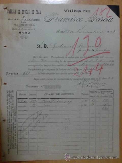 Facturas antiguas: FACTURA. LA RIOJA. HARO. NOVIEMBRE 1927.VIUDA DE FRANCISCO GARCIA. FABRICA DE FUNDAS DE PAJA.